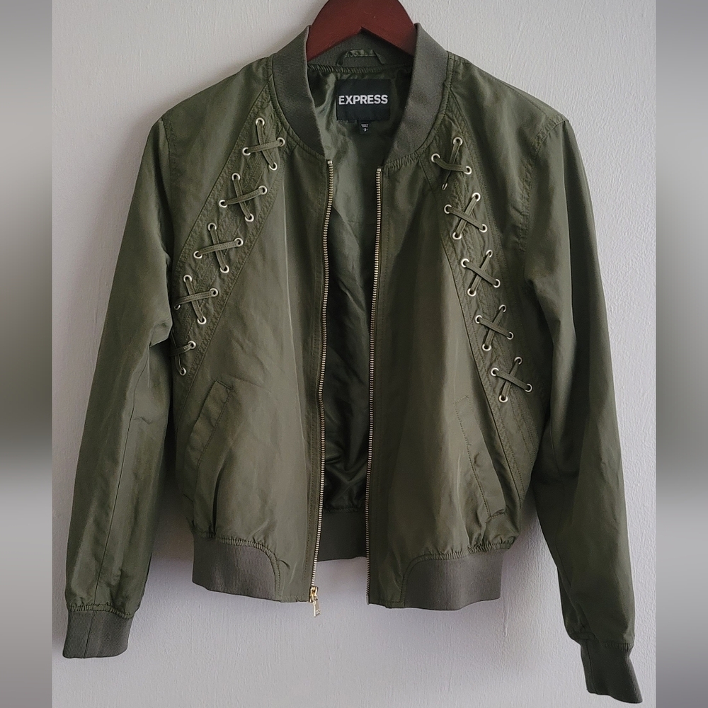 Express Olive Bomber Jacket with Lace-Up Design